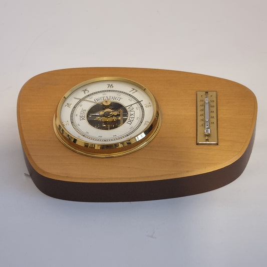 Vintage Scandinavian Barometer & Thermometer – Two-Tone Wood Base, authentic vintage, timeless charm, mid-century modern design.