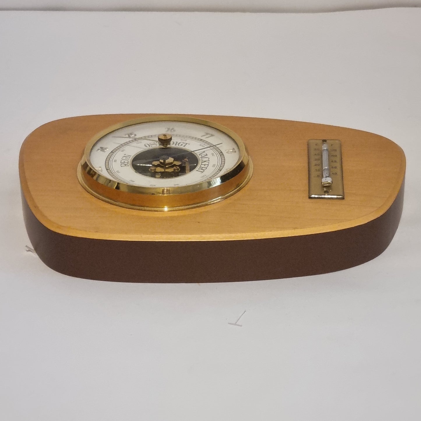Vintage Scandinavian Barometer & Thermometer – Two-Tone Wood Base, authentic vintage mid-century charm, timeless decor piece.