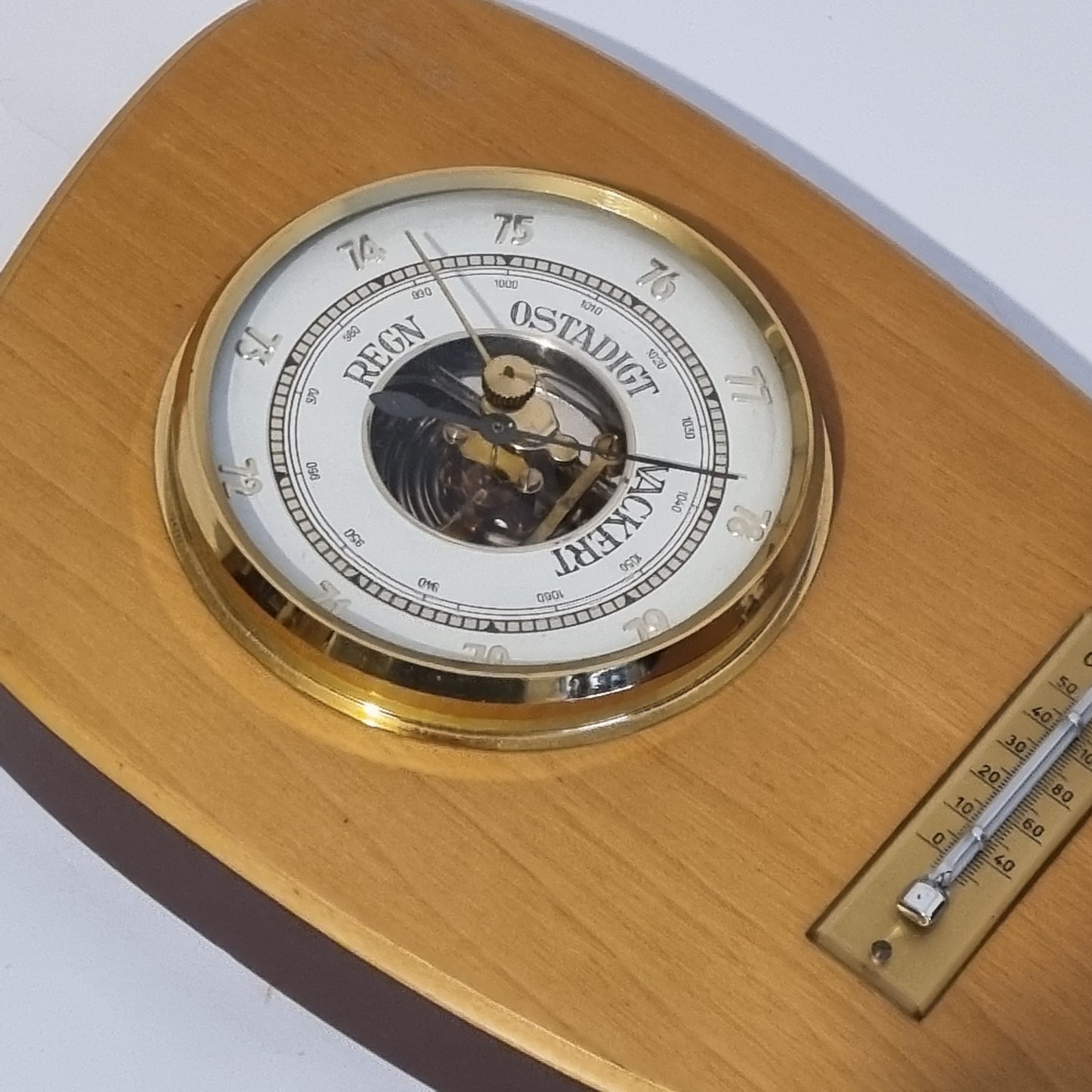 Vintage Scandinavian Barometer & Thermometer – Two-Tone Wood Base with timeless charm and authentic mid-century modern design.