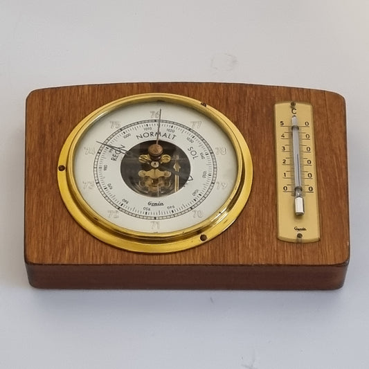 Genia Vintage Barometer & Thermometer – Scandinavian Teak Wood with brass accents, authentic vintage mid-century charm.