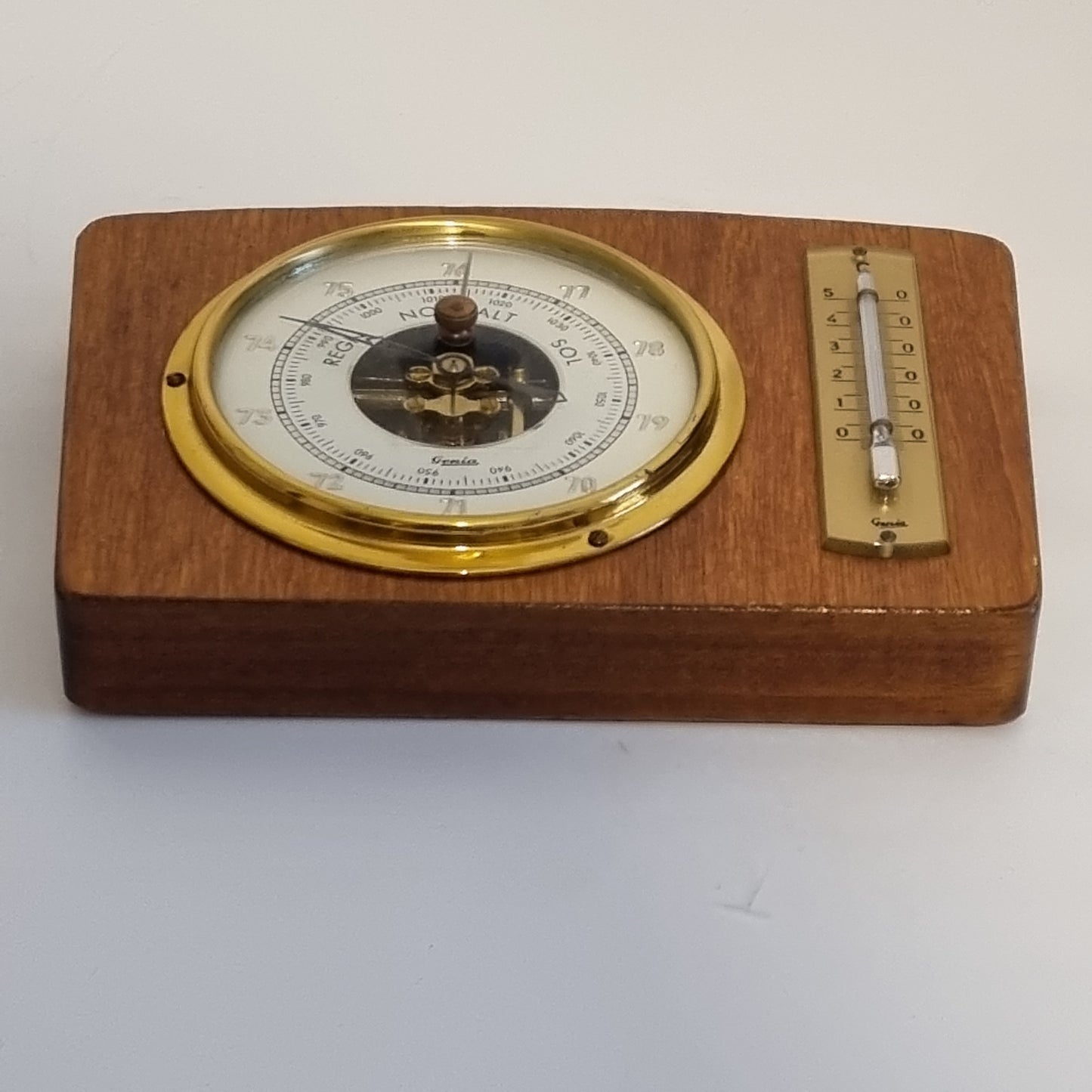 Genia Vintage Barometer & Thermometer – Scandinavian Teak Wood with brass accents, authentic vintage, timeless charm.