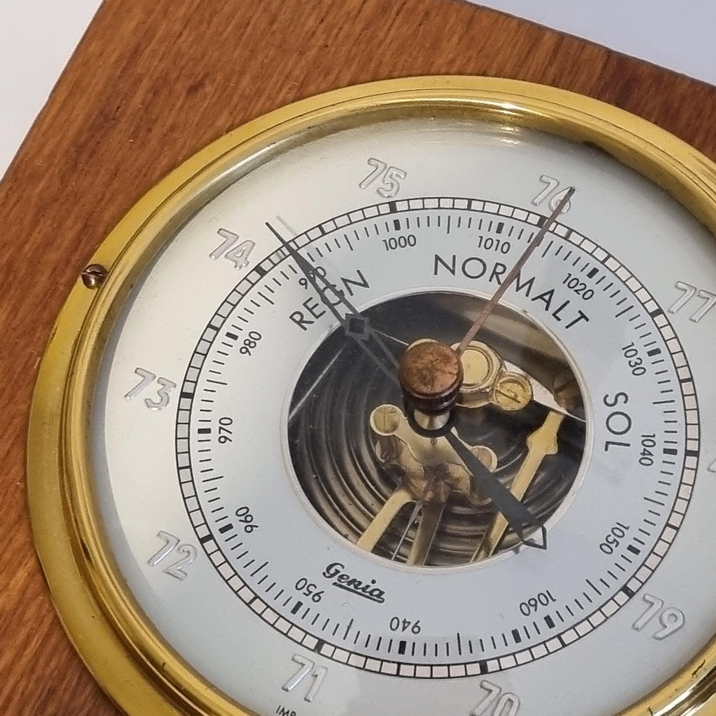 Close-up of Genia Vintage Barometer & Thermometer – Scandinavian Teak Wood with authentic vintage timeless charm design