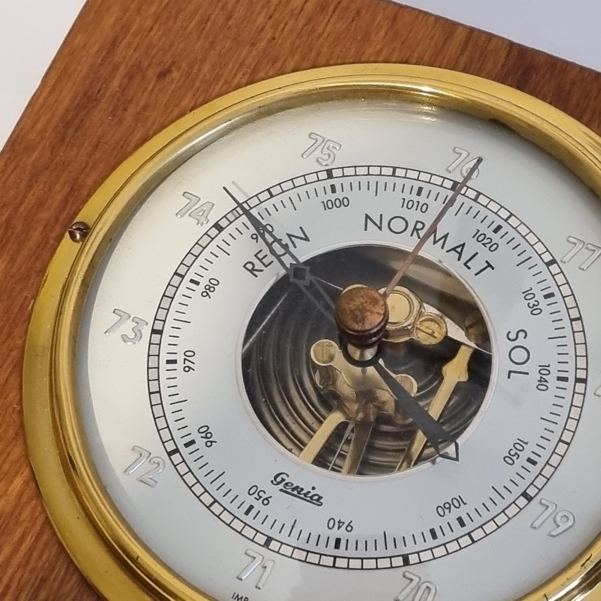 Close-up of Genia Vintage Barometer & Thermometer – Scandinavian Teak Wood with authentic vintage timeless charm design