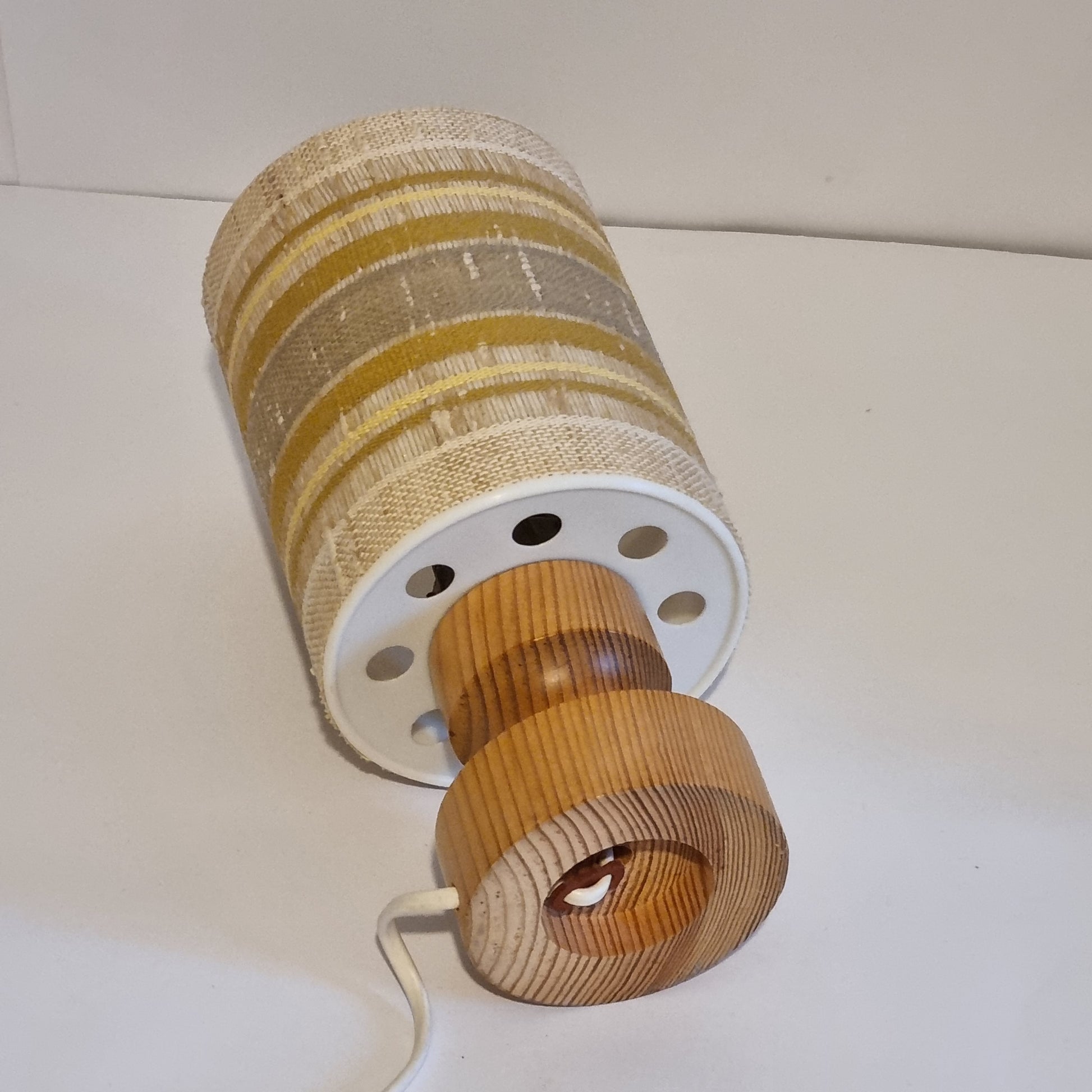 Scandinavian Pine Table Lamp – Linen Stripe Shade, Sweden 1970s, authentic vintage piece with timeless charm and mid-century modern design.