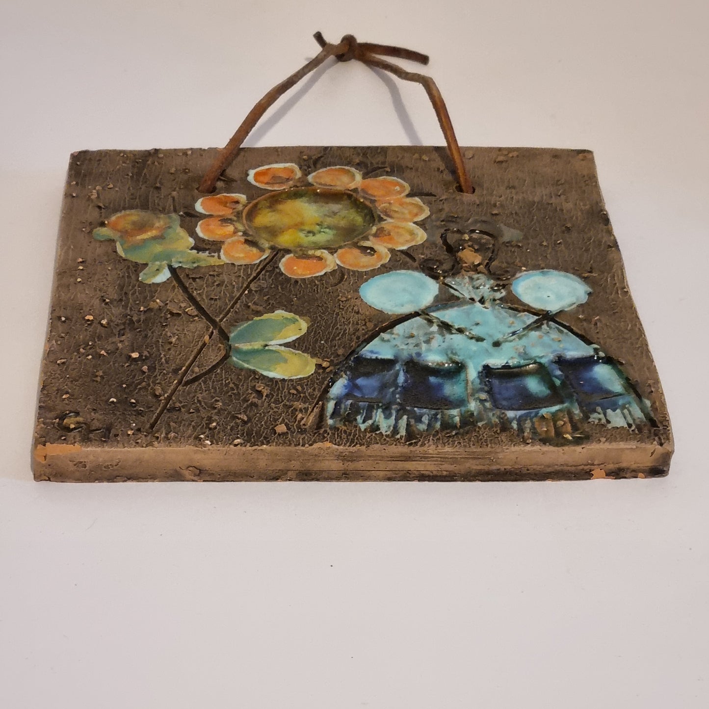 Ceramic Wall Art Sunflower Mid Century Scandinavian Folk Art Sweden Tilgmans Plaque showcasing authentic vintage timeless charm.