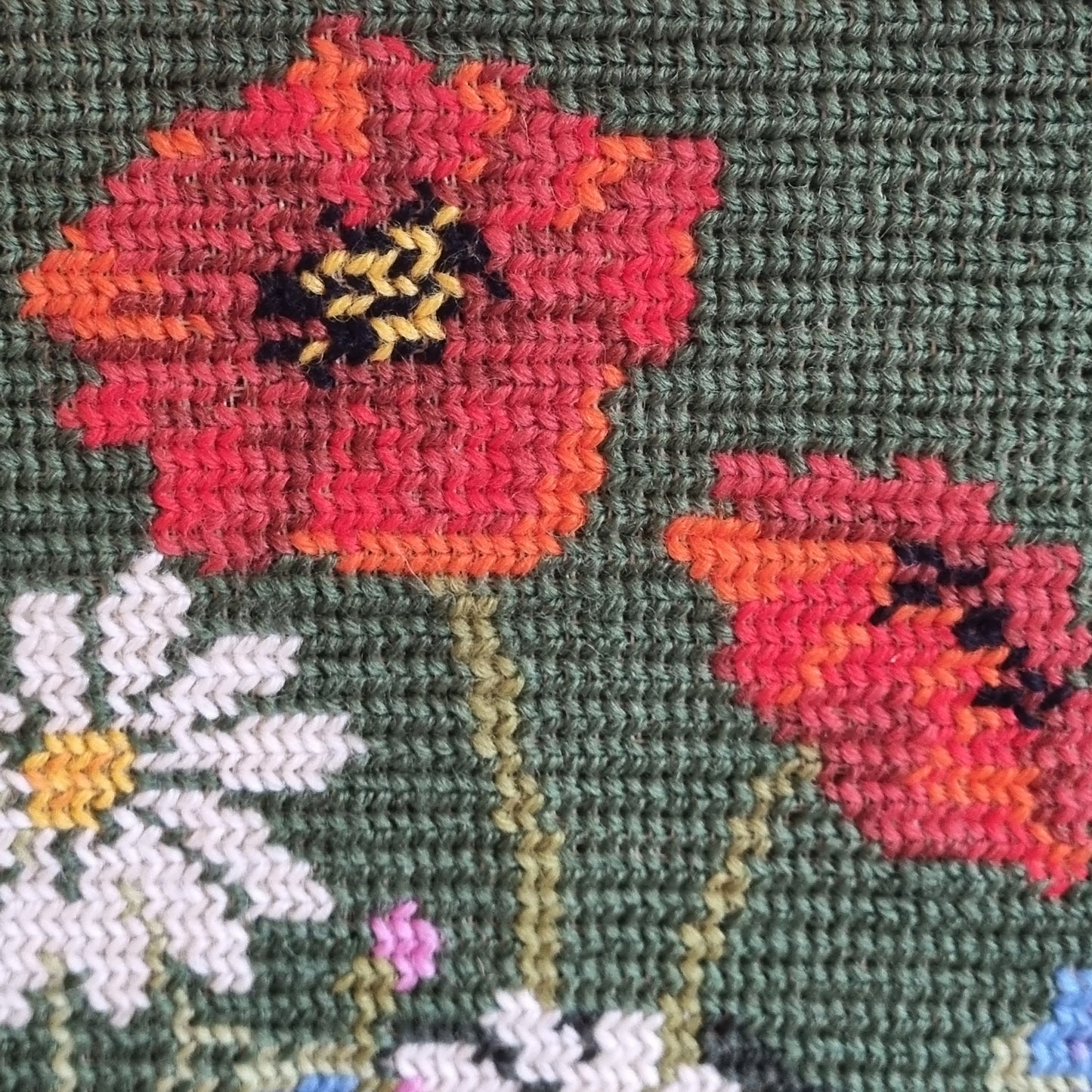 Vintage Swedish needlepoint poppy field wall art in solid teak frame, 40x28 cm, Sweden
