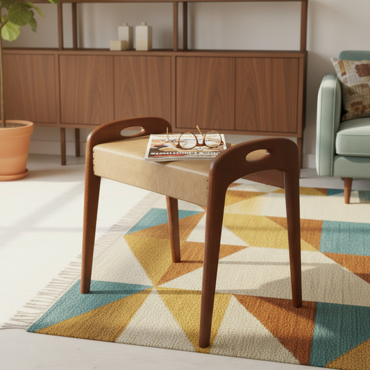 1960s Mid-Century Modern Swedish Vanity Stool – Authentic Patina with vintage charm on geometric rug in bright Scandinavian interior