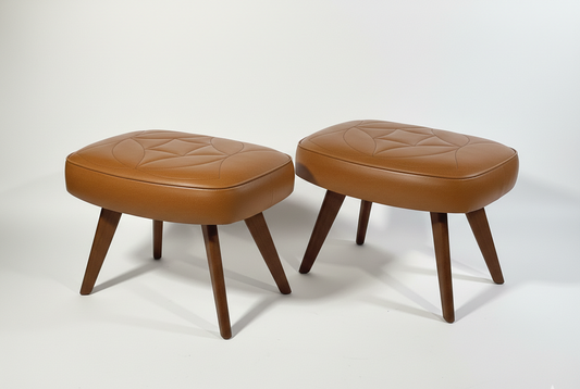 Vintage 1960s Scandinavian Teak & Cognac Leatherette Stools – Matching Pair with authentic vintage charm, timeless mid-century design.