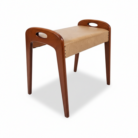 1960s Mid-Century Modern Swedish Vanity Stool – Authentic Patina with teak wood frame and beige leather seat, timeless charm vintage design