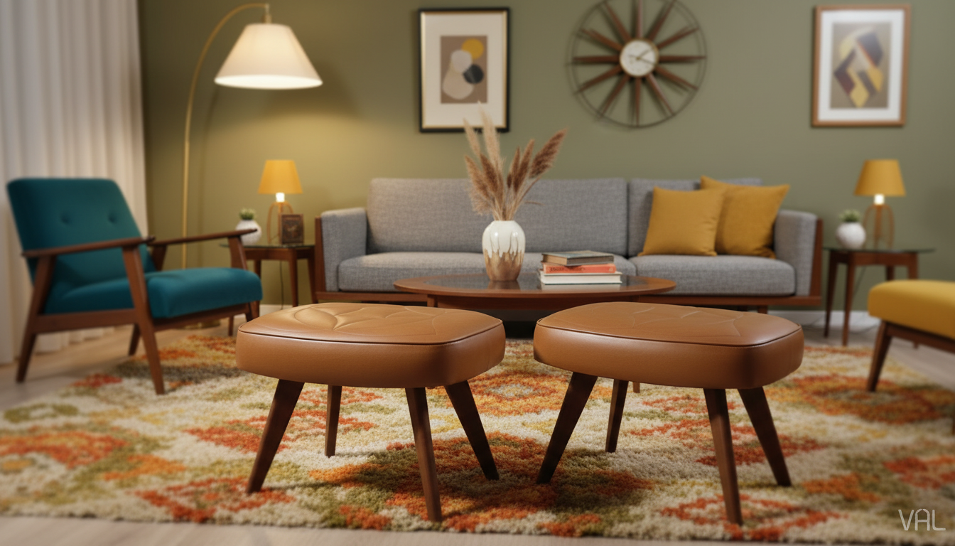 Vintage 1960s Scandinavian Teak & Cognac Leatherette Stools – Matching Pair with timeless charm in a mid-century modern living room setting
