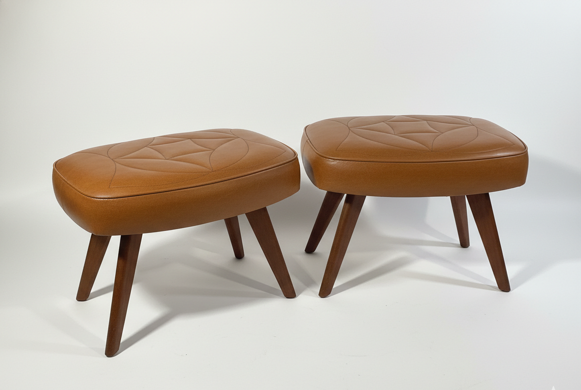 Vintage 1960s Scandinavian Teak & Cognac Leatherette Stools – Matching Pair with timeless charm, authentic vintage, mid-century modern design