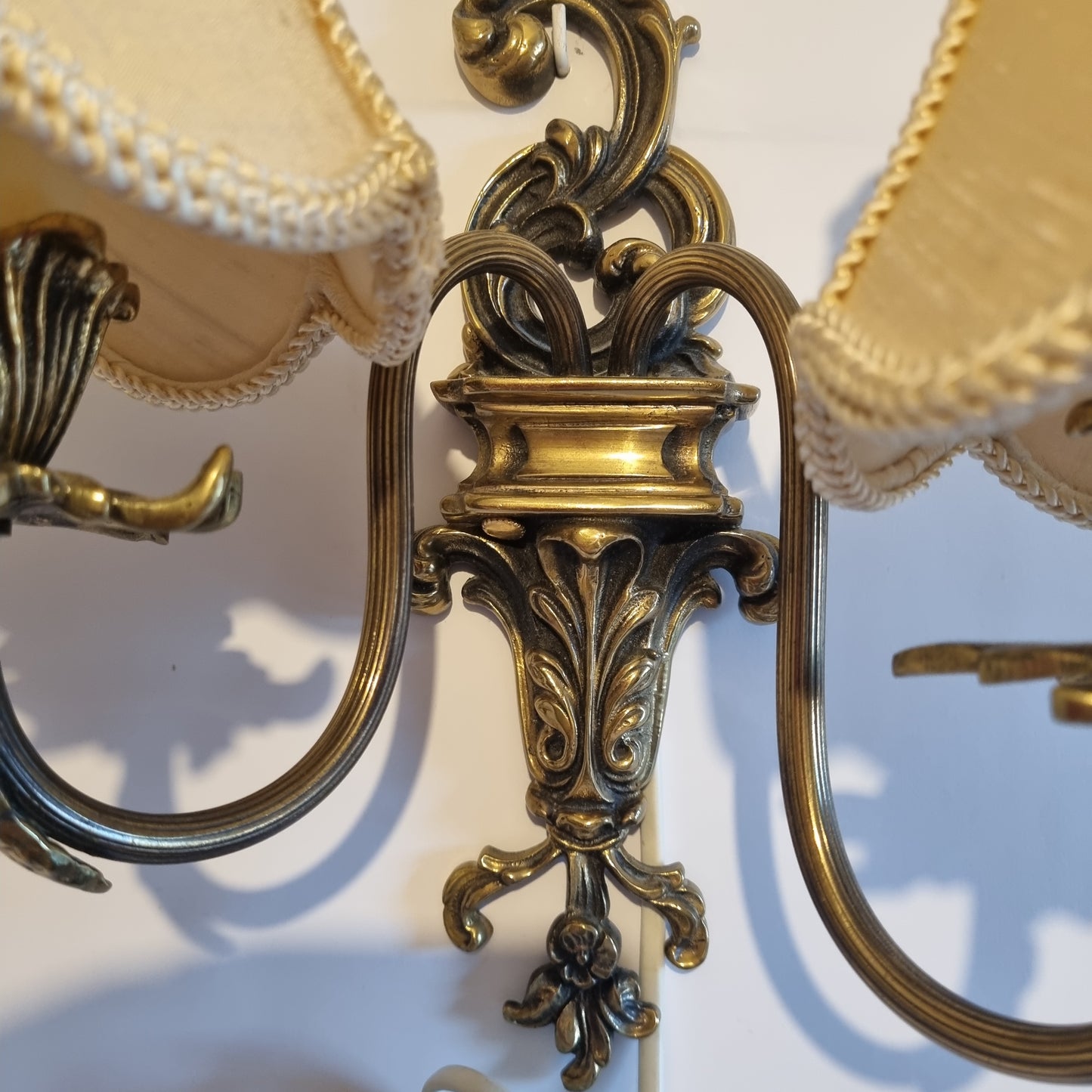 Vintage Brass Wall Sconce with Double Fabric Shades featuring authentic vintage design and timeless charm in mid-century style.