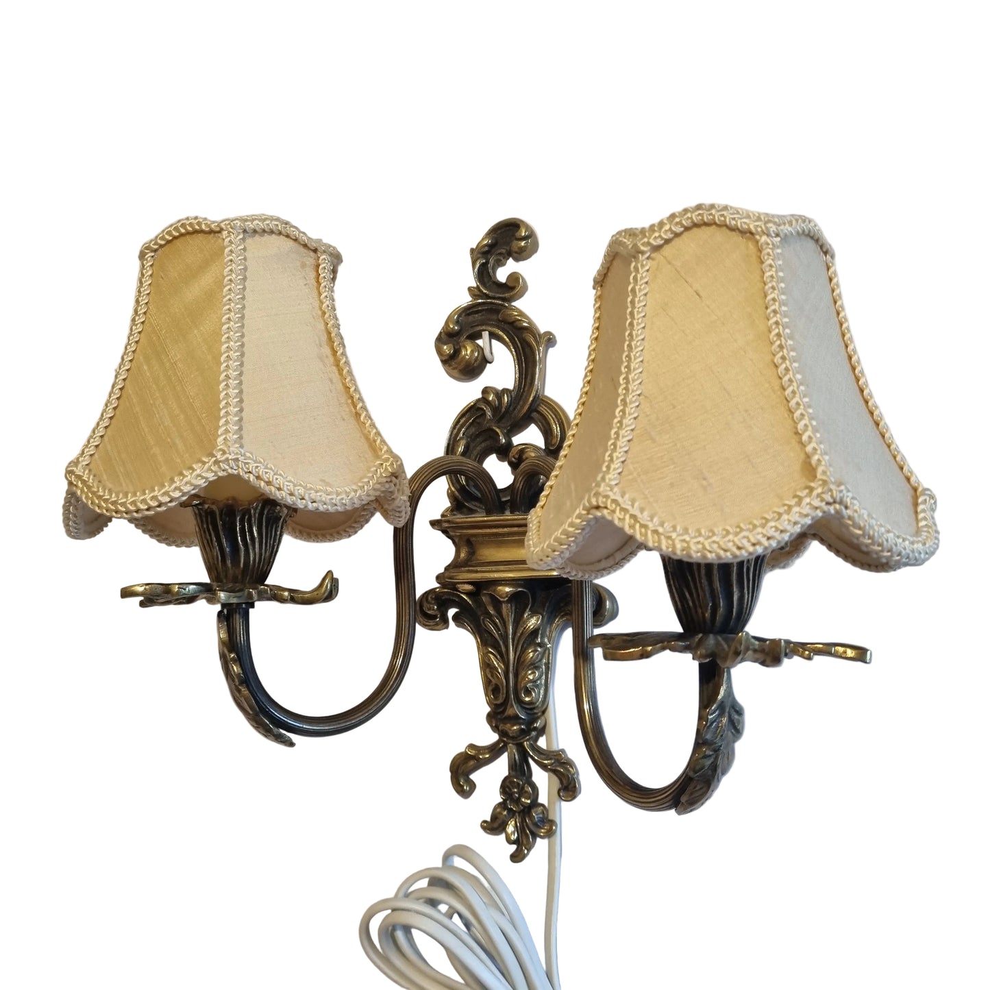 Vintage Brass Wall Sconce with Double Fabric Shades, authentic vintage mid-century modern timeless charm lighting piece.