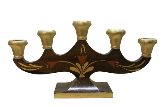 Antique Hand Painted Swedish Candelabra: Allmoge Folk Art Wood Candle Holder