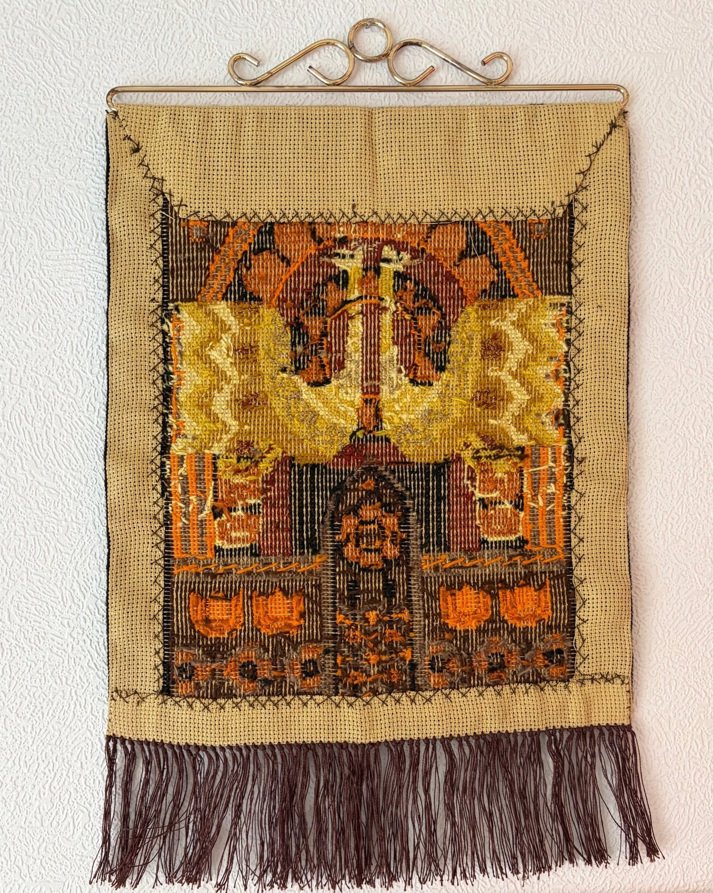 Wool Wall Hanging Folk Art Birds Arch Fringe – Scandinavian 1970s vintage Scandinavian decor timeless charm piece