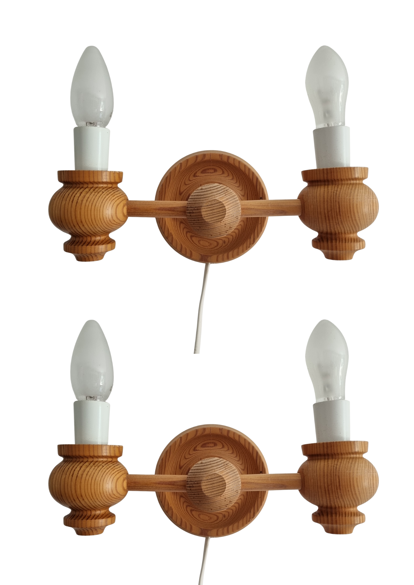 Vintage Scandinavian Pine Wall Lamps – Folk-Inspired Wooden Sconces, 1970s Pair with timeless charm and authentic vintage appeal