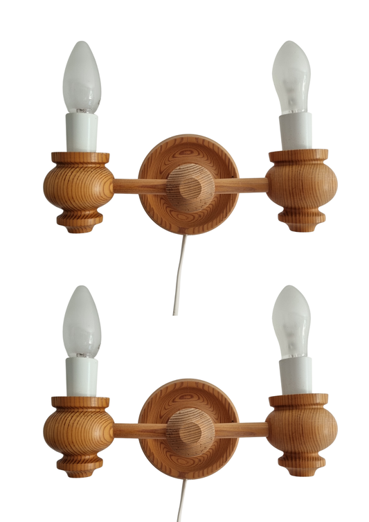 Vintage Scandinavian Pine Wall Lamps – Folk-Inspired Wooden Sconces, 1970s Pair with timeless charm and authentic vintage appeal