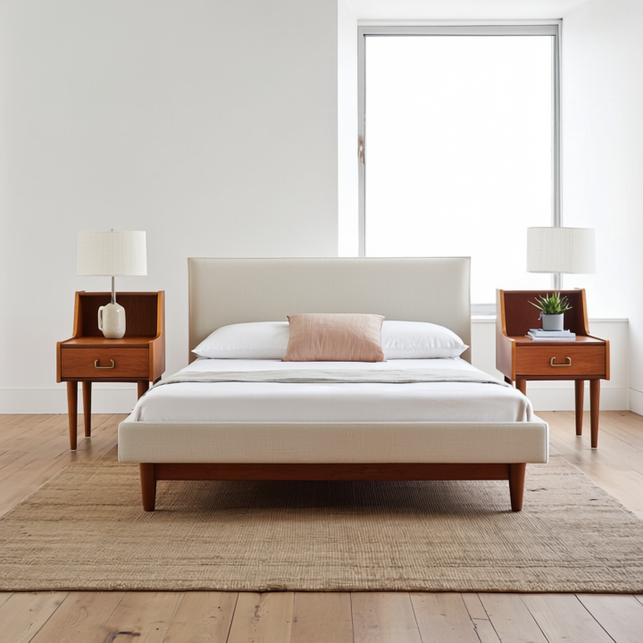 Scandinavian Teak Nightstands with Double Top – Set of 2, 1965, next to a modern bed in a minimalist bedroom.