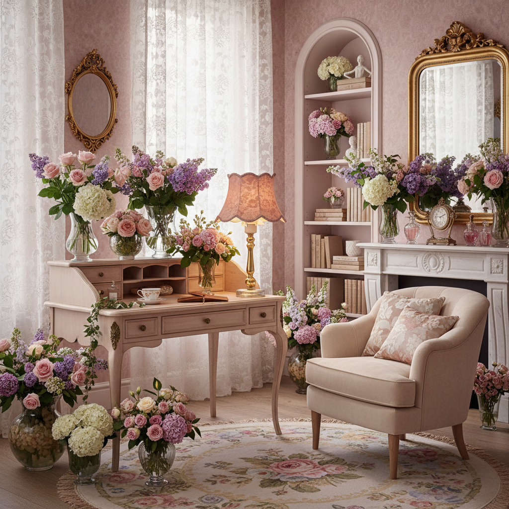 Vintage Gold Brass Table Lamp with Pink Floral Fabric Shade – Classic Scandinavian Lighting