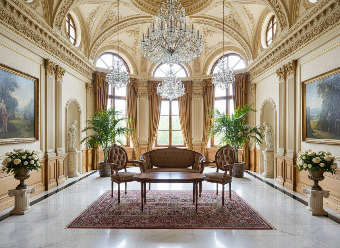 Vintage Elegant European Gustavian Style Living Room Set – Sofa, Armchairs & Table , Louis XVI stil in castle-like interior, timeless charm