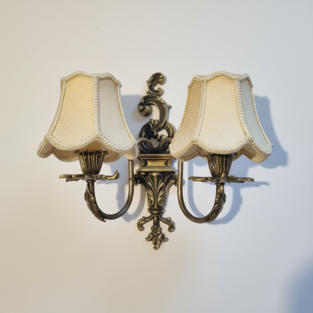 Vintage Brass Wall Sconce with Double Fabric Shades, authentic vintage mid-century style with timeless charm and elegant detailing.