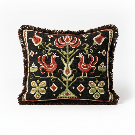 Antique Swedish Folk Art Pillow – Embroidered Cushion with Roosters & Floral Motifs, 13" × 13"