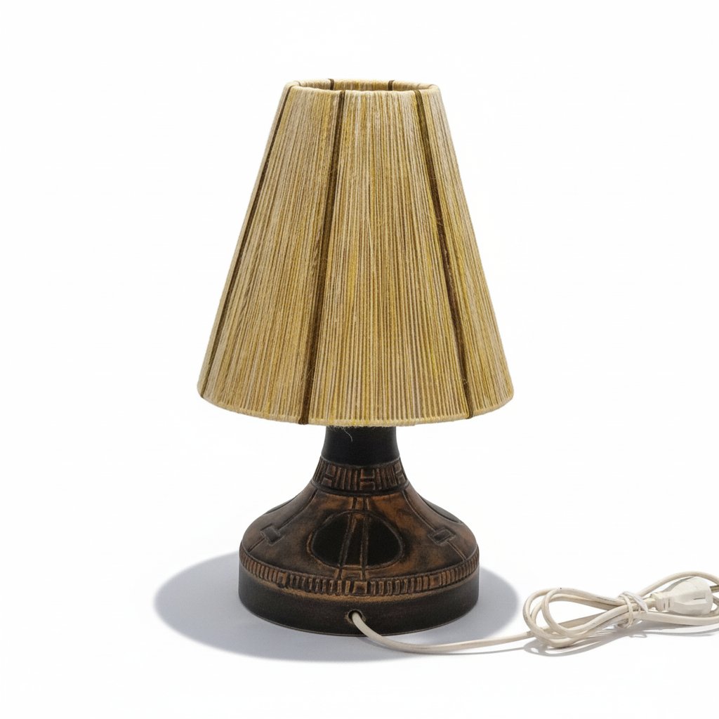 Munk Keramik Danish Ceramic Table Lamp – 1960s Studio Pottery with woven beige shade, authentic vintage timeless charm.
