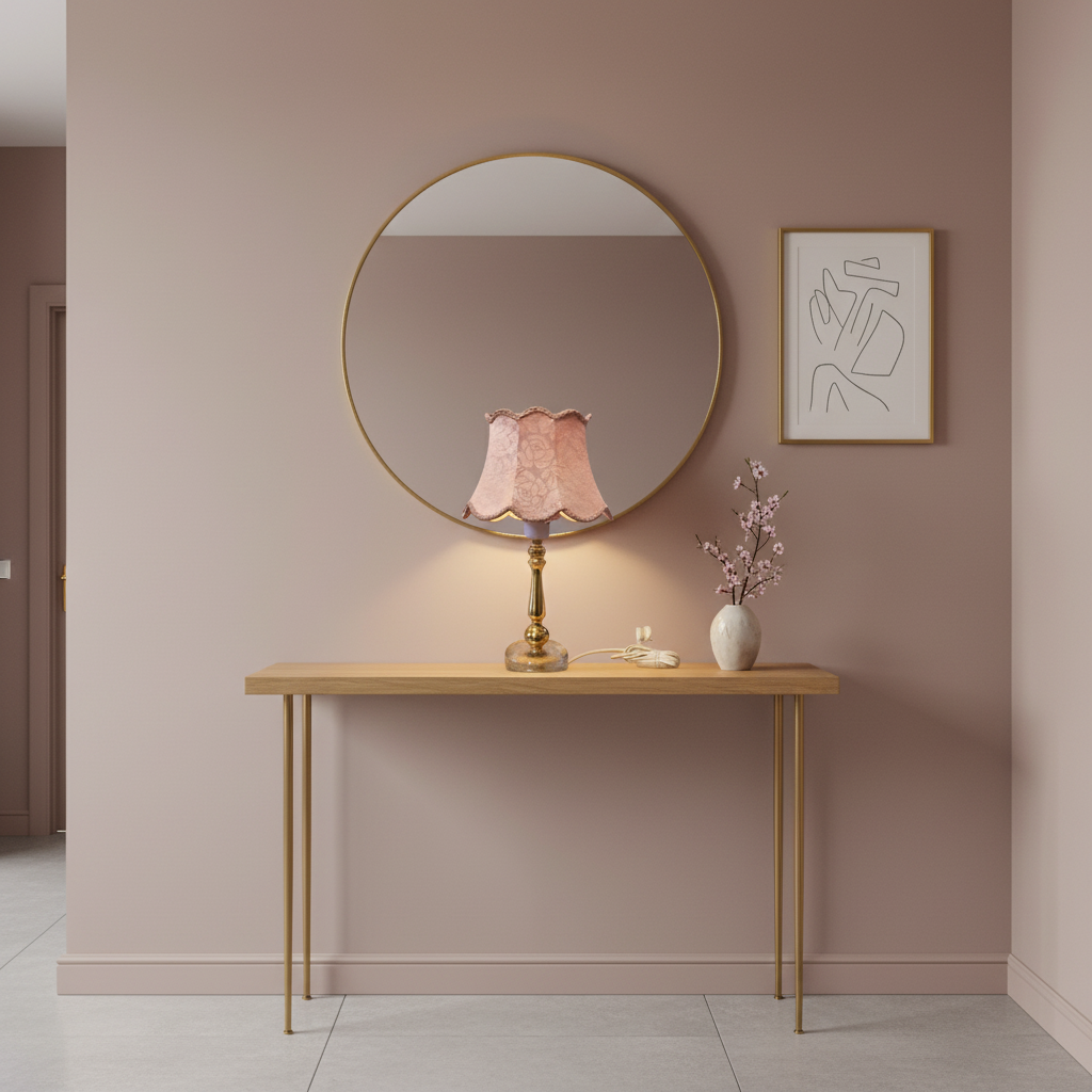 Vintage Gold Brass Table Lamp with Pink Floral Fabric Shade – Classic Scandinavian Lighting