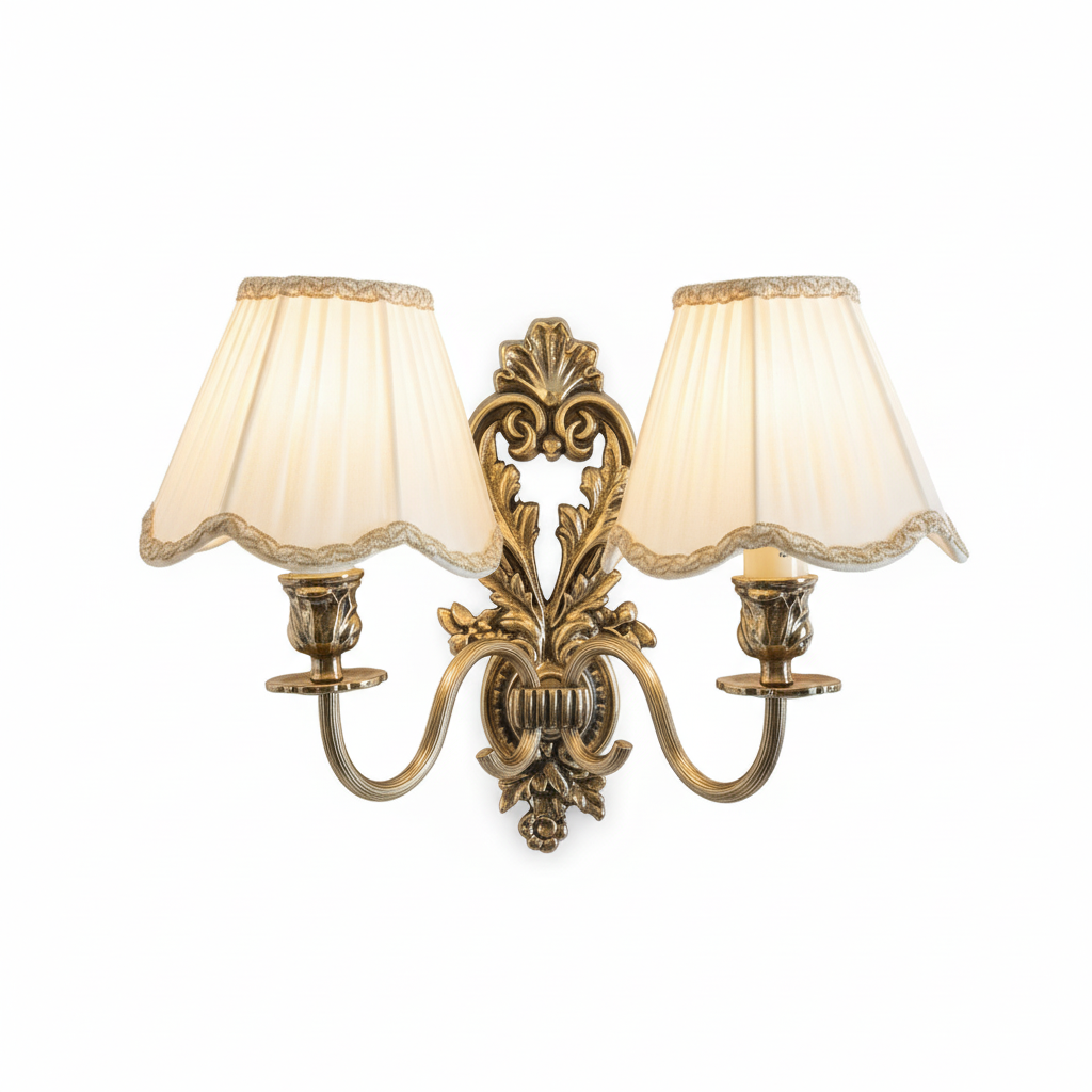 Vintage Brass Wall Sconce with Double Fabric Shades, Elegant Classic Wall Lamp, Antique Style Lighting for Living Room or Hallway, Timeless Charm