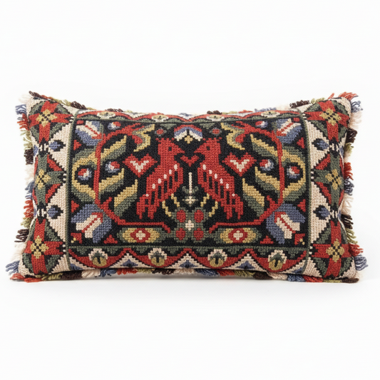 Antique Swedish Embroidered Pillow – Handwoven Folk Art Cushion