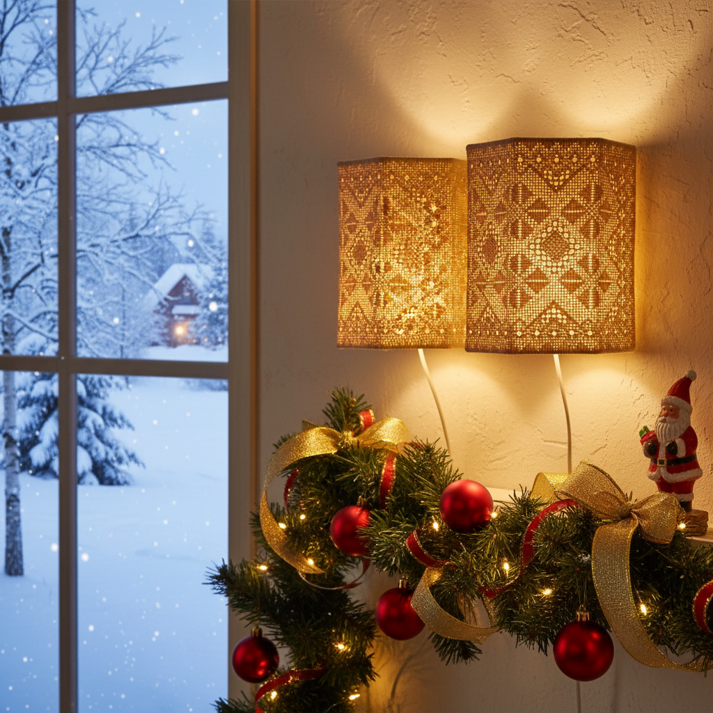 Vintage Swedish Crochet Wall Sconce Pair – Mid-Century Boho Lace Lighting showcasing authentic vintage charm with warm glow and Scandinavian style.