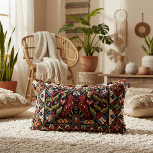 Antique Swedish Embroidered Pillow – Handwoven Folk Art Cushion