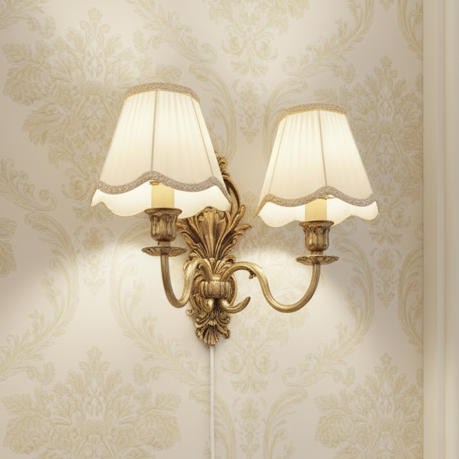 Vintage Brass Wall Sconce with Double Fabric Shades, Elegant Classic Wall Lamp, Antique Style Lighting for Living Room or Hallway Timeless Charm