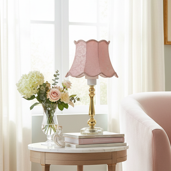 Vintage Gold Brass Table Lamp with Pink Floral Fabric Shade – Classic Scandinavian Lighting