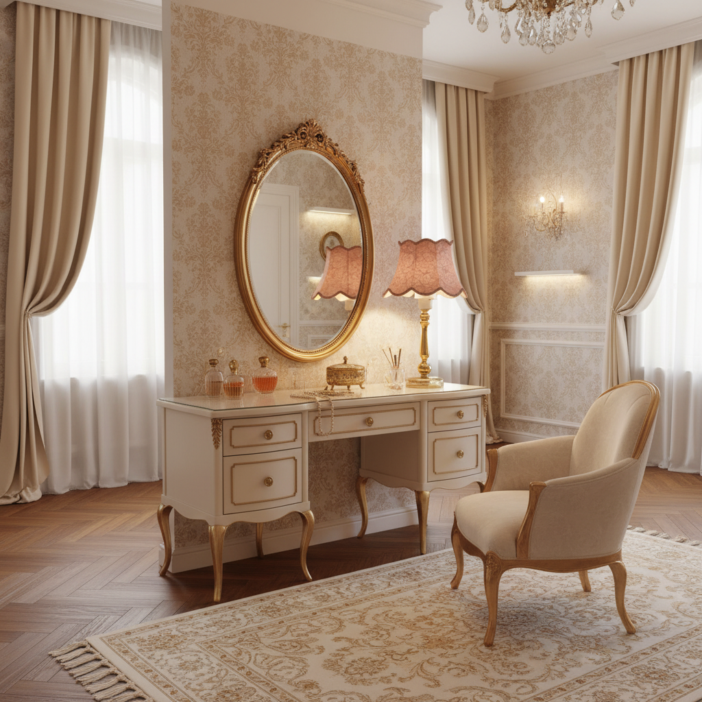 Vintage Gold Brass Table Lamp with Pink Floral Fabric Shade – Classic Scandinavian Lighting