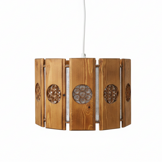 Vintage Scandinavian Wood Pendant Light: Carved Medallions, Japandi Style