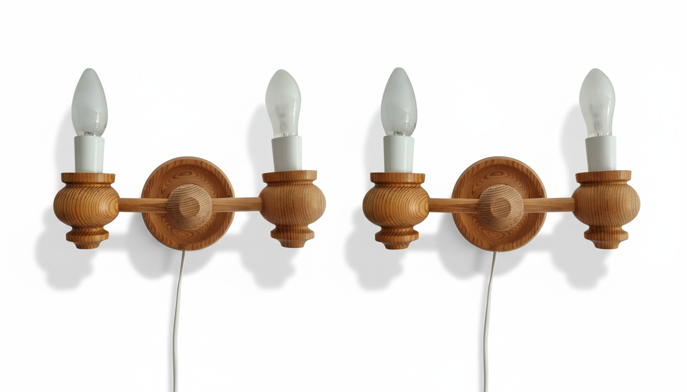 Vintage Scandinavian Pine Wall Lamps – Folk-Inspired Wooden Sconces, 1970s Pair, authentic vintage with timeless charm.