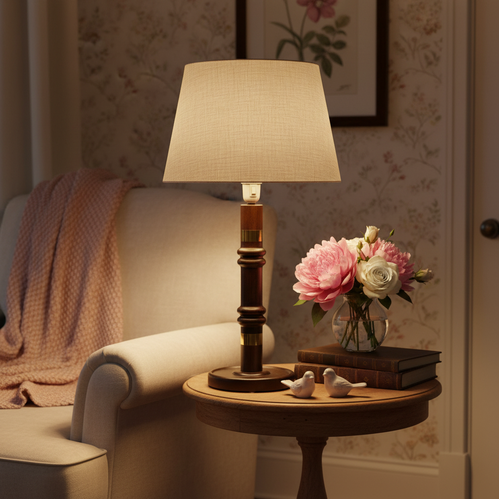 Vintage Scandinavian Table Lamp – 45 cm Teak Wooden Lamp with Brass Details offering timeless charm in a cozy mid-century modern setting.