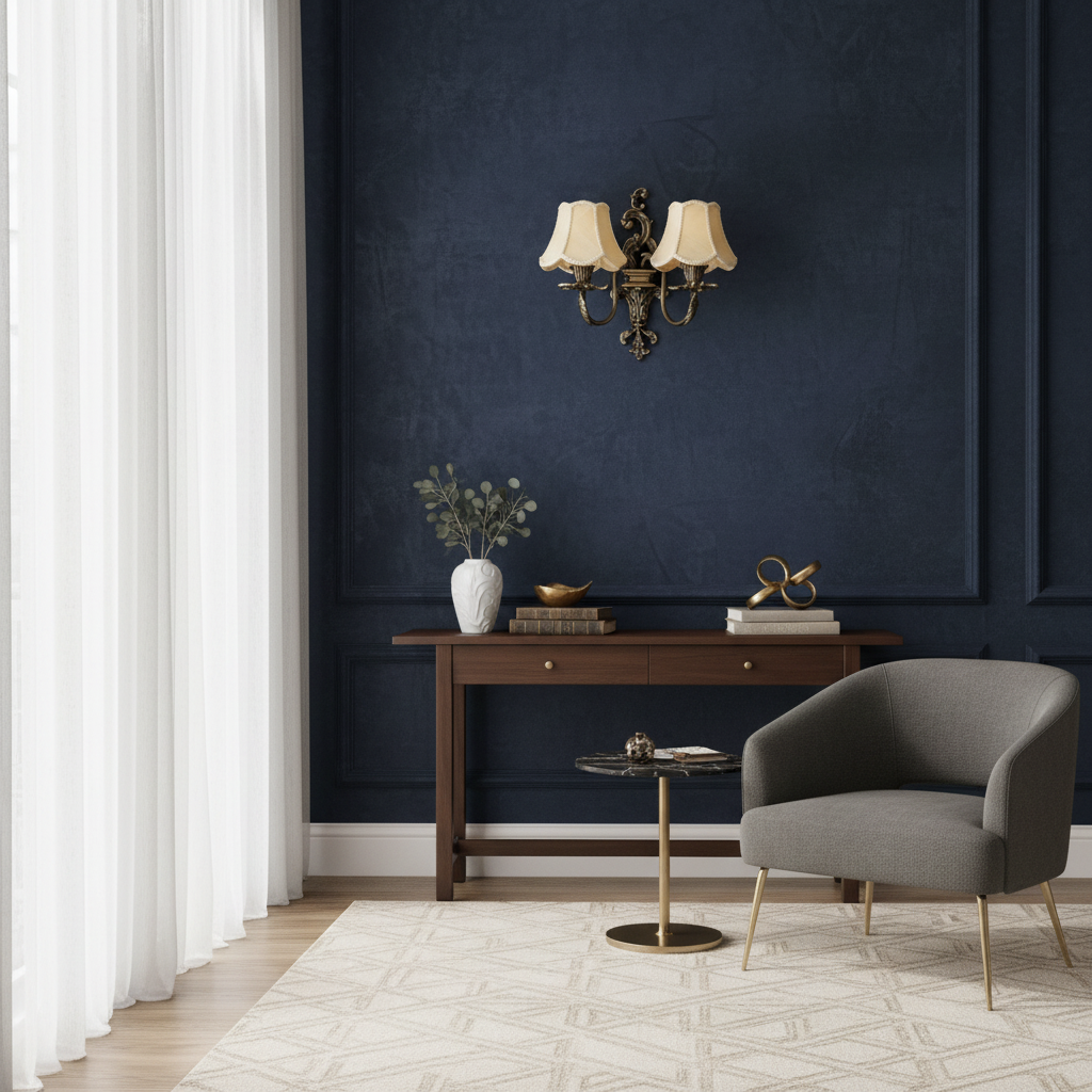 Vintage Brass Wall Sconce with Double Fabric Shades adds timeless charm to elegant mid-century modern living room decor.
