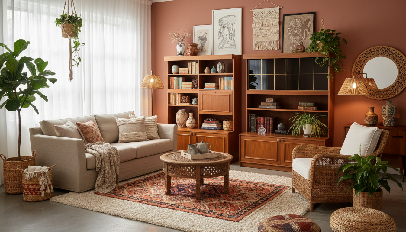 Vintage Scandinavian Wall Unit with Illuminated Bar Cabinet – Teak, 1960s in elegant living room, authentic vintage, one-of-a-kind pieces, Timeless Charm