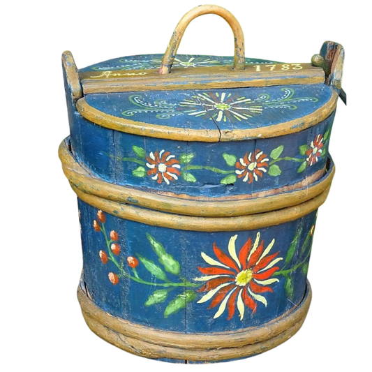 Antique Swedish Folk Art Painted Wooden Box – Hand-Painted Floral Storage Chest, Dated 1783