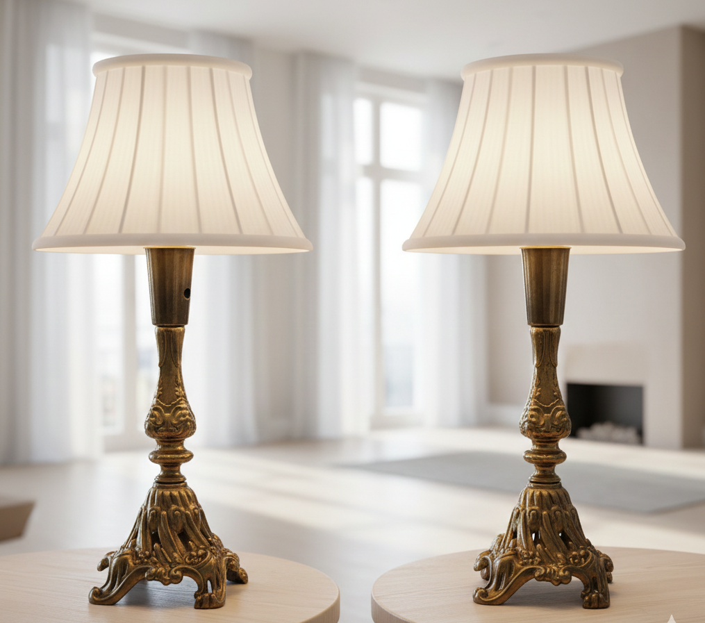 Pair of Vintage Solid Brass Table Lamps – Baroque Revival Ornate Brass Bases, authentic vintage, timeless charm lighting