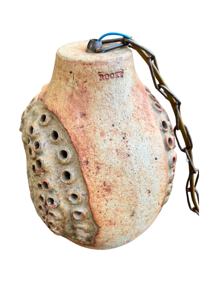 Bernard Rooke Signed Ceramic Pendant Lamp – Rare British Studio Pottery with unique textured stoneware, authentic vintage. Timeless Charm.