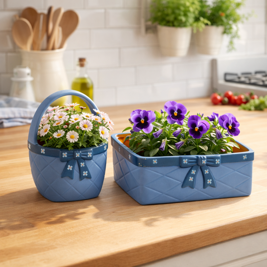 Blue Ceramic Basket Planter Set – Signed Mörse Sweden, 1960s Folk Art, Set of 2, authentic vintage timeless charm