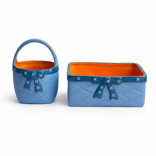 Blue Ceramic Basket Planter Set – Signed Mörse Sweden, 1960s Folk Art, Set of 2 with timeless charm and authentic vintage appeal.