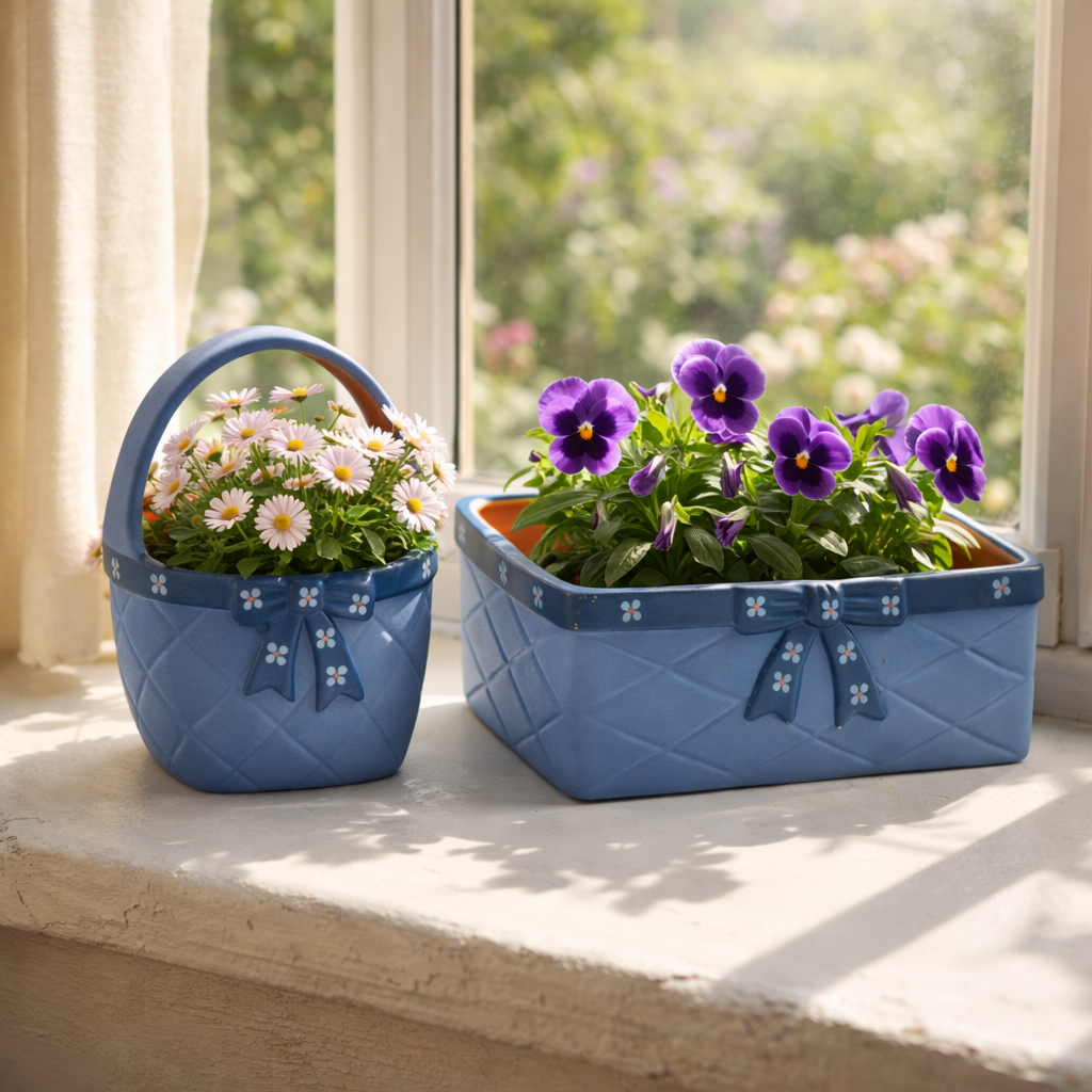 Blue Ceramic Basket Planter Set – Signed Mörse Sweden, 1960s Folk Art, Set of 2 with authentic vintage charm and Scandinavian mid-century modern style.