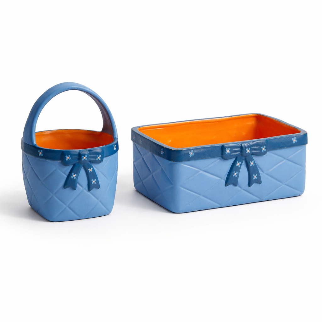 Blue Ceramic Basket Planter Set – Signed Mörse Sweden, 1960s Folk Art, Set of 2, authentic vintage timeless charm
