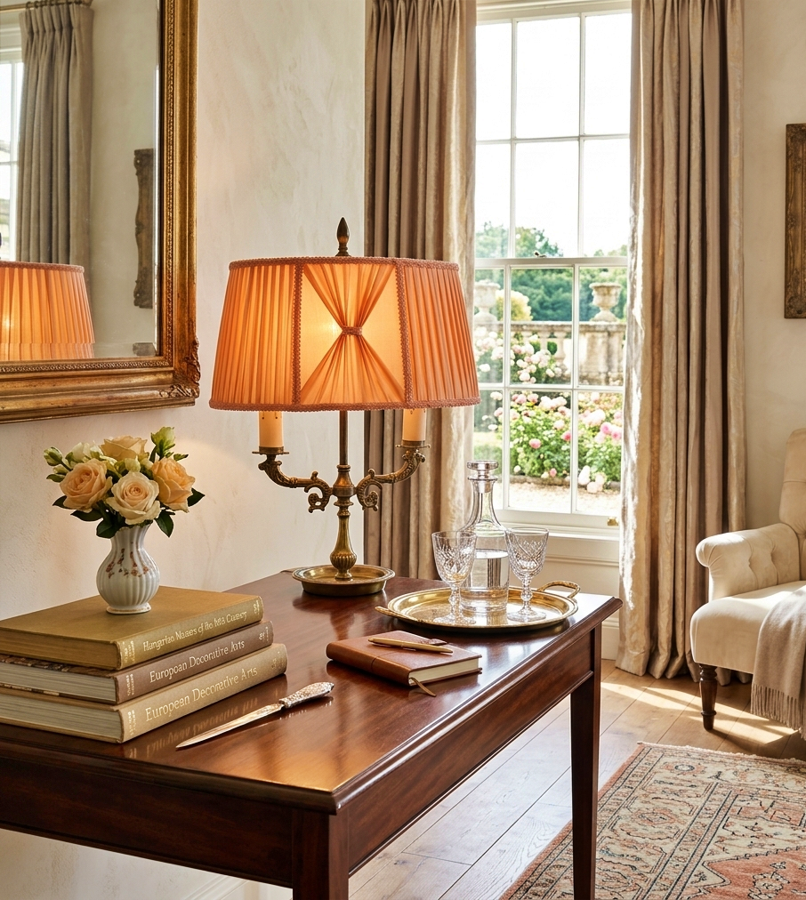 Brass Candelabra Table Lamp – Two Arm Bouillotte Style, Orange Pleated Shade, 1930s–1940s