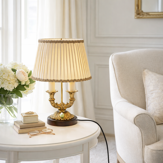 Brass Candelabra Table Lamp – Two Arm Hollywood Regency Bouillotte, Pleated Shade, French Style, 1950s–1960s