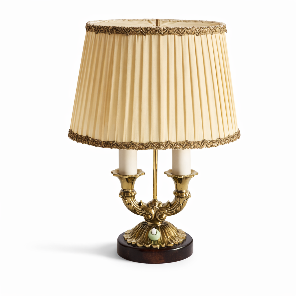 Brass Candelabra Table Lamp – Two Arm Hollywood Regency Bouillotte, Pleated Shade, French Style, 1950s–1960s